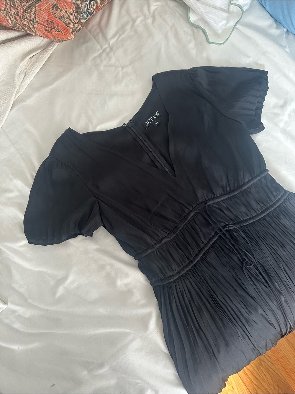 J. Crew Black Pleated Tie Waist Dress in Luster Georgette Maxi Dress - Picture 3 of 9